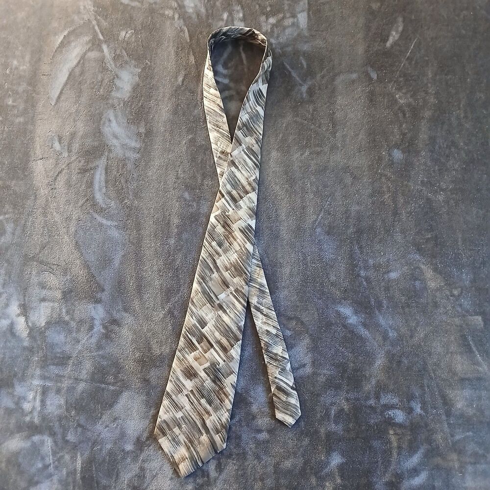Vintage Pierre Cardin 100% Silk Tie Geometric Brush Pattern Gray Black White